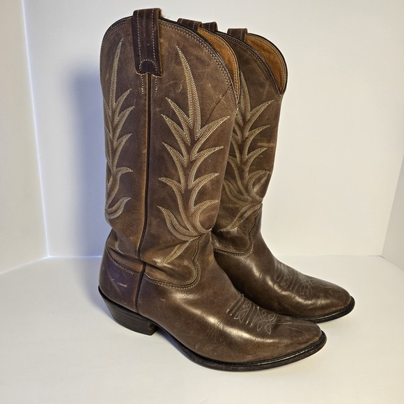 Nocona Cowboy Boots‎ Brown Leather With Stitching Men's SIZE 8.5 3E Made In USA - Picture 1 of 12